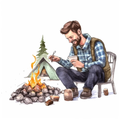 A father and son camping, sitting around a campfire and roasting marshmallows, Watercolor, Clipart, detailed, high resolution, transparent background PNG