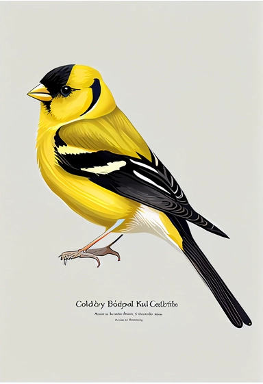 a full body & tail American Goldfinch, white background, children book, clipart style,