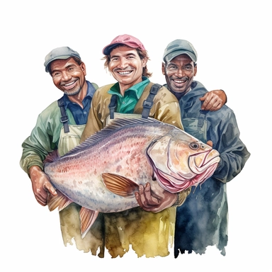 three fishermen are holding a fifty-kilogram catfish and smiling realistic detailed, watercolor clipart, vibrant colors, white background