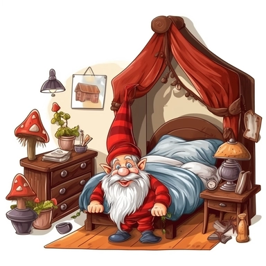 a gnome in the house, Bedroom, clipart on white background