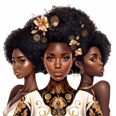 three beautiful black girls, one with an afro haircut, one with long hair and one with short hair, luxury, Pixar style, intricate details, white background, clipart