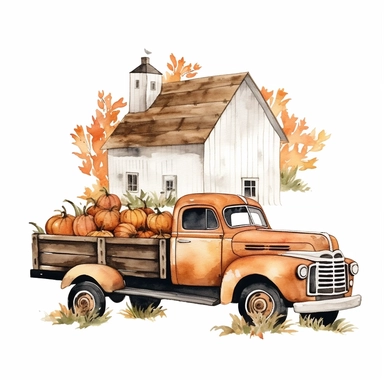 Farmhouse Fall Decor Watercolor Clipart. Cozy Autumn Illustrations. Harvest Truck with Pumpkin. Fall Leaves, Rustic Wooden Home Decor. Clip art