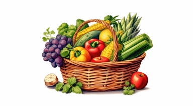 photorealistic clipart, watercolor illustration of a basket containing different fruits and vegetables, detailed, bold colors, thick outlines, isolated objects, white background, in the style of colorful cartoon, 8k