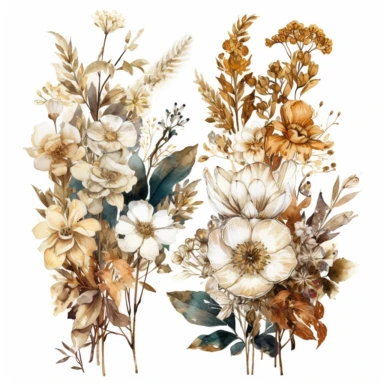 intricate three small bouquets of different white wild fall flowers with golden detail watercolor clipart, luxurious textures, nature-inspired pieces, very high resolution, white background