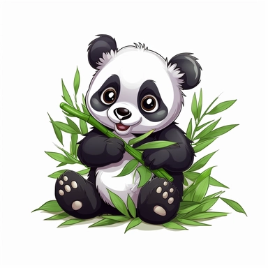 Generate a crisp clipart, pre-cropped image of a cute panda munching on bamboo leaves, pure white background