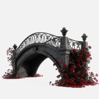 black Gothic Bridge Dark Fantasy Garden with red rose Clipart, white isolated background, space out, hd, 8k, realistic