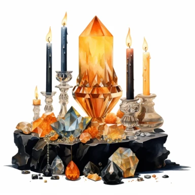 A beautifully painted faceted crystal on a witch's altar with candles and incense, hues of captivating orange, yellow and black, stunningly beautiful, refined and sophisticated, Hand drawn, Roberto Ferri, Clipart, watercolor, white background, intricate detail