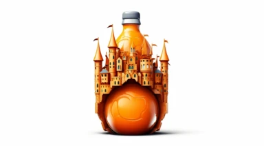 halloween theme, orange fanta bottle, isolated images, illustrations on a white background, full body heavy armored very big castle walls exterior, the Fanta bottle integrated in the the abstract castle, serene, dark fantasy ,Clipart, cartoon, realistic, isolated, full building, isolated on a white background