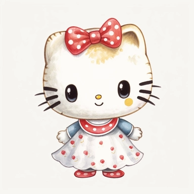 hello kitty, hand drawn, watercolor, clipart, cute cartoon illustration, simple, white background