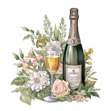 watercolor and ink styling, boho florals with champagne bottle and glasses in sage and blush tones, clipart on plain white background, garden vibes, super high detail ultra precision 16k HD, clean crisp brushwork, painted by Beatrix Potter