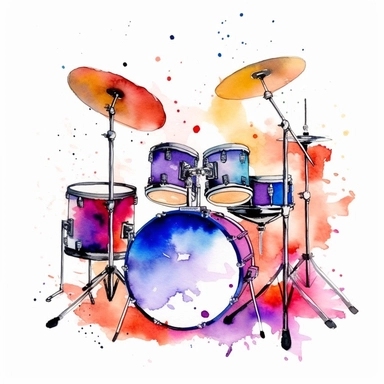 watercolor clipart, one individual drum set, vibrant splash of color, white background
