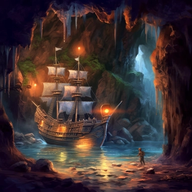 realistic clipart of enchanted pirate cave, digital oil painting
