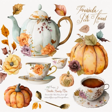 tea party,tea clipart,tea set clipart,tea cup png,tea cup clipart,watercolor teacup,tea time,tea set,fall clipart,autumn tea,autumn watercolor,pumpkin tea,pumpkin spice Watercolor Pumpkin Tea Clipart, autumn and fall holiday tea cups, Thanksgiving pumpkin spice clip art PNG graphics