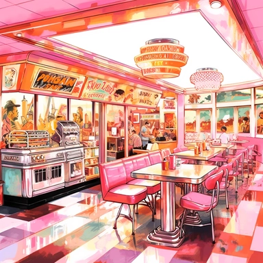 A retro-style diner with chrome accents and neon signs, where people savor delicious milkshakes and classic diner fare, american style, watercolor, clipart
