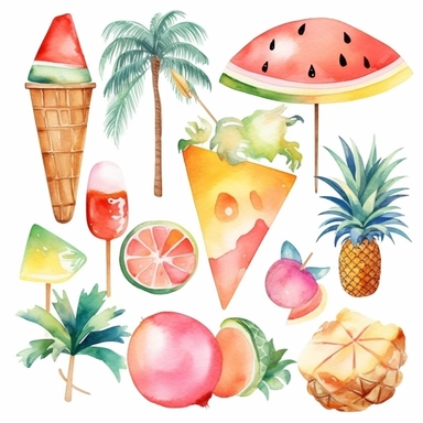 Beautiful summer items clipart set isolated on white. summer clipart, watercolor summer clipart, Summer Clip Art, palm trees, ice-cream, watermelon, drinks, beach, sea