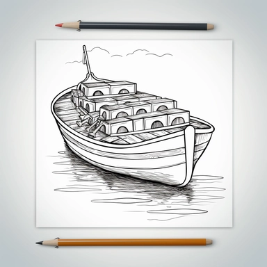 coloring page for kids of boat, white neutral background, clean line art, low details , 1,5px thick black lines, clipart