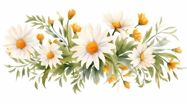 Watercolor Daisy flower clipart. Chamomile floral border, bouquets, wreath. Wildflowers for wedding invitations and greeting cards. Watercolour illustration. Rustic flower