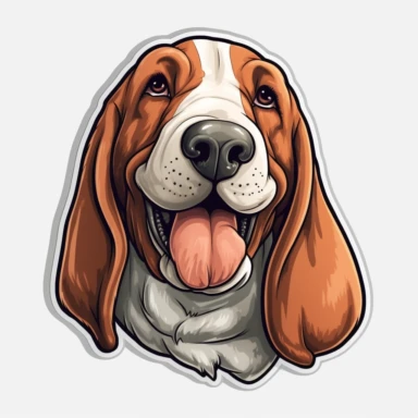 cute Basset Hound, happy and smiling, bold line, clipart, sticker, white background, no shadow, 8k detail