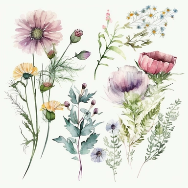 Watercolor Dreamy Wild Flowers Clipart, April Flowers, Bright Flowers, White Background, no caption