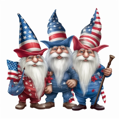 4 july gnomes photorealistic clipart,on white background with margins