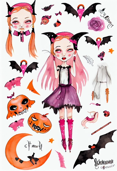 a pretty boho fun art collection on a white background with margins, pink orange and black Halloween girl vampires and bats, watercolor, clipart,