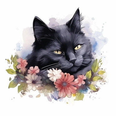 Cute Beautiful Lazy Black Cat Sleeping On Flower Watercolor Sublimation Clipart,Cartoon,hyper realistic, intricate detail, illustration style,high solution,on the white background
