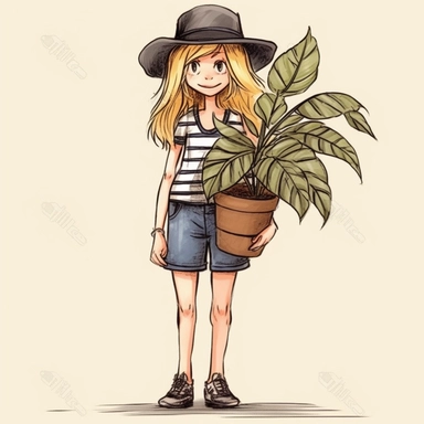 girl with back to viewer wearing short black skirt anf hat long blond hair, standing next to a plant pot, clipart
