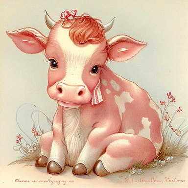 Cute - french style sitting baby cow smiling clipart, pink red hairclip in its hair, proper feet, proper hooves, 1960, in the style of realistic watercolors, childlike innocence and charm, adorable eyes, rosy cheeks, shy posture, feminine sensibilities, realistic drawing in storybook illustration, pencil drawing by Angela Barrett, Elsa Beskow 300 DPI, valentines day themed, white background