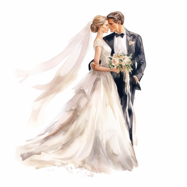 amazing detailed watercolor clipart of a beautiful bride with a beautiful detailed couture dress and a long veil and a handsome groom, solid white background, clean sharp focus