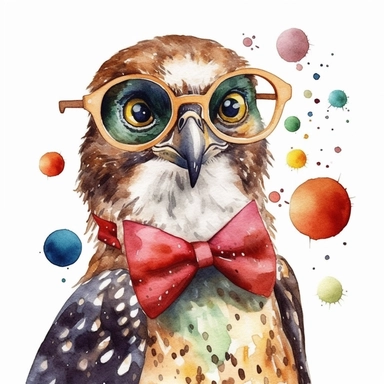 please create watercolor clipart of a hawk smiling, wearing party GLASSES AND BOW TIE and bubbles, colorful, WHITE BACKGROUND