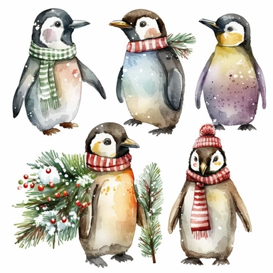 Christmas Penguins, watercolor clipart, isolated white background