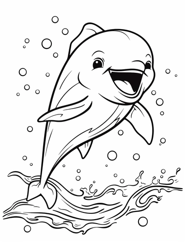Smiling Dolphin: A cute kawaii dolphin jumping out of the water with a big smile on its face. For Simple Coloring page,line art, thick lines, black and white,clipart, illustration, on white background,Detailed,Details