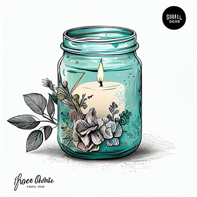 hyper realistic, white background, white margins, 16k, ultra detailed clipart, cut out image, hand-drawn A vintage-style clipart featuring a scented candle jar, exuding a warm glow and emitting a fragrant aroma.Use dark colors such as cyan, brown, and rose for a vintage-inspired palette.