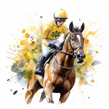 race horse, with jockey, with yellow flowers water color, white backhround, clipart