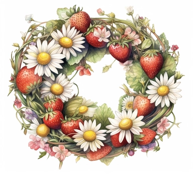 realistic burnished watercolored pencil strawberry and daisy wreath clipart, detailed, on white background, spaced out