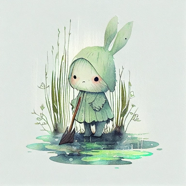children's book illustration of a cute bunny as a swamp witch, smooth watercolor details, in the style of Pixar, superb color, outline, nursery art, popular on pinterest, clipart, trending on artstation, minimalist, flat design, white background, insane deails, intricate details
