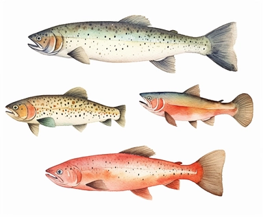 watercolor four Trout fish seafood clipart, top view, flat style, no volume, few details, washed out, minimalistic style, very lose details, very light colors, transparent colors, light airy hues and pastel tones, spaced out, white background, washed out colors and paint, hand-painted watercolor, watercolor paper with visible rough paper texture, a variety of watercolor brushes, do not cross workspace borders, rough watercolor paper texture on top