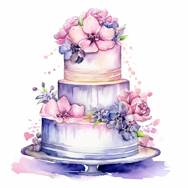 Create a stunning watercolor clipart featuring an exquisite and intricately designed wedding cake. Use a vibrant color palette to bring out the beauty and elegance of the cake. Incorporate delicate details, such as intricate lace patterns, cascading flowers, and ornate tiers. Apply gentle brushstrokes and blending techniques to achieve a soft and dreamy watercolor effect.