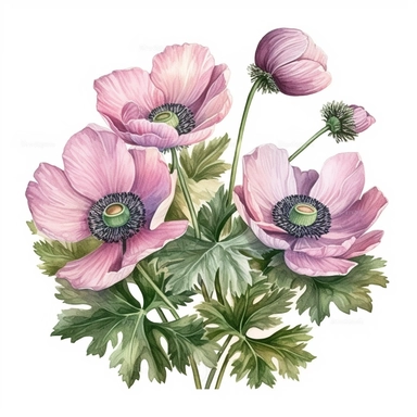 Bouquete of pink anemones with greenery and buds, isolated on the white background in the style of Billy Showell, watercolor illustration, highly detailed, very sharp detailed image, clipart, hd
