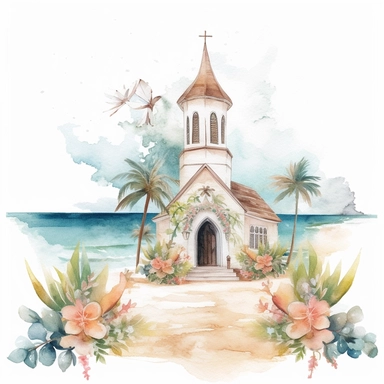imaginewatercolor pastel clipart wedding church on beach HD 4K Detail, white background
