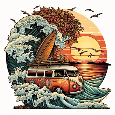 Visualize an exhilarating moment: a van conquering a towering wave, surfboards perfectly balanced, amidst a breathtaking sunset casting warm hues across the horizon, against a clean white backdrop, illustration style, white background, clipart, PNG pure white background, high resolution, hyper detailed, best quality, high detailed illustration