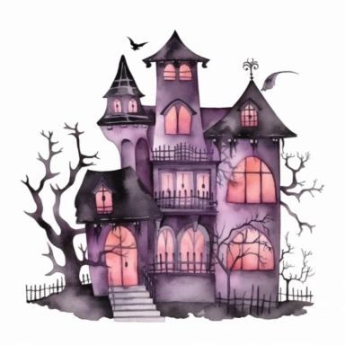 Halloween scary house, dark pink and gray color, watercolor, clipart, illustration, white background