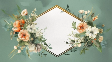 a simple gorgeous aesthetic vintage gold diamond-shape picture frame with minimal flowers border around outside the frame on soft green background clipart, watercolor painting realistic, high quality, vibrant, Vicente Romero Redondo, Willem van Aelst
