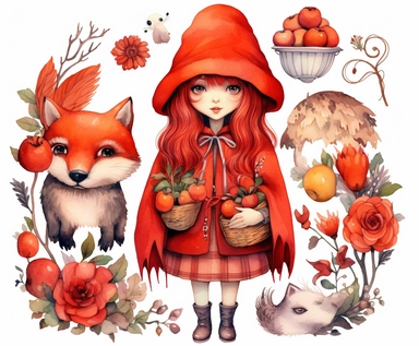 red riding hood clipart, vector art, clip art, clipart, in the style of claudia tremblay, birds & flowers, kawaii manga, realistic watercolors, dark white and light orange, eleanor fortescue-brickdale, isolated figures
