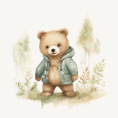 neutral nursery art,little baby, brown bear,summer outfit,cute bear, Baby attire,intricate,disney, baby light green,baby light blue, baby light ocher,hairy, cotton, beautiful trees,enchanted Forest,realism, watercolor painting, spring enchanted Forest, solid background, white background, vintage outfit, oil painting, photobashing, tattoo design,clipart--v 5