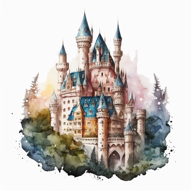 watercolor perfect detailed complicated fairy castle clipart with white background realistic colors, white background