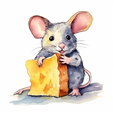 an adorable Mouse eating cheese in the style of watercolour clipart with detailed brush strokes