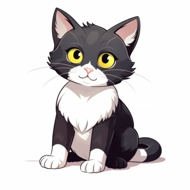 cute cartoon cat, black and white cat, black face with a little bit white by mouth, a lot of white on chest, white paws, black legs, yellow eyes, full body sitting, white background, clip art, vector graphic