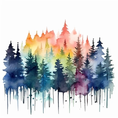 misty mountains in the distance, tall forest trees, watercolor clipart, bright colors, minimalist, isolated white background, 8k