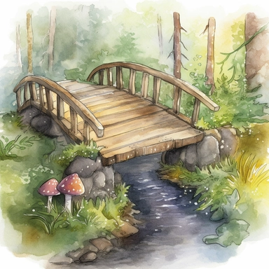 Illustrate a watercolor bridge crossing a gentle forest stream, decorated with enchanted forest elements such as mushrooms, ferns, and moss-covered logs. This design can be incorporated into various clipart compositions or used as a standalone element for